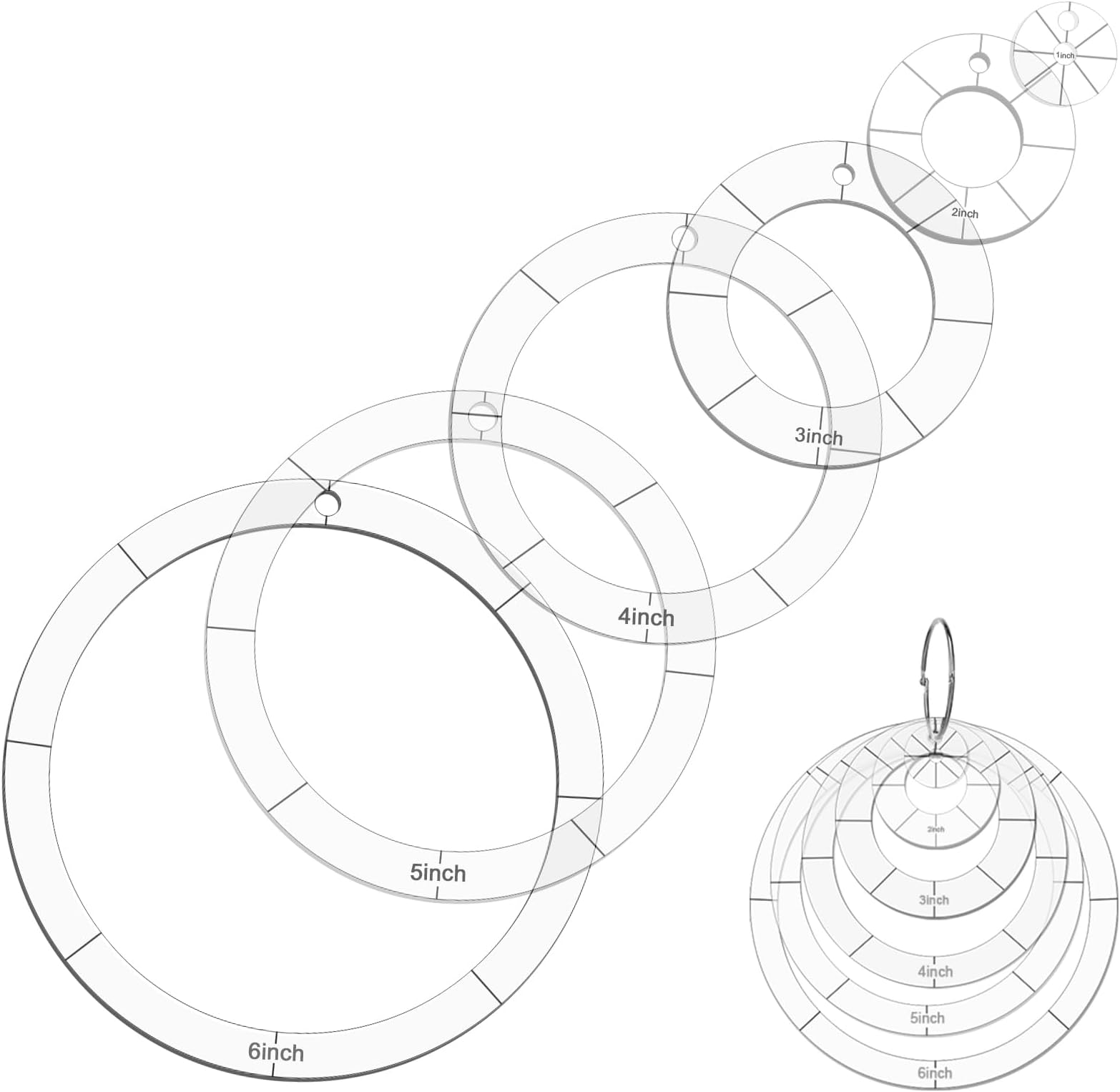 Circle Quilting Template, 6 Pcs 1/2/3/4/5/6 inch Diameter Quilting Stencils with Binder Rings Clear Sewing Ruler Set Quilt Arc Cutter Ruler for Patchwork DIY Crafts Decoration Scrapbooking