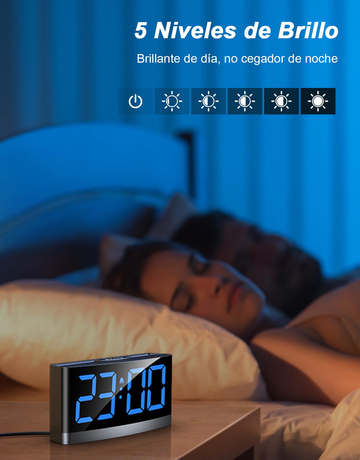 Reloj Digital para Dormitorios, Despertador Inteligente con Números LED Azules, 5 Niveles de Brillo & Volumen, 3 Tonos de Alarma, Snooze, 12/24H, Alimentado por USB (Adaptador No Incluido)