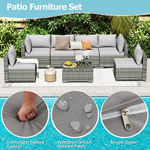 Rynsto 7 Piece Patio Furniture Set With Adjustable Bracket Grey Rattan Patio Conversation Sets Sectional Sofa Set With Table And Cushions For Porch Lawn Garden, Grey #TOP4
