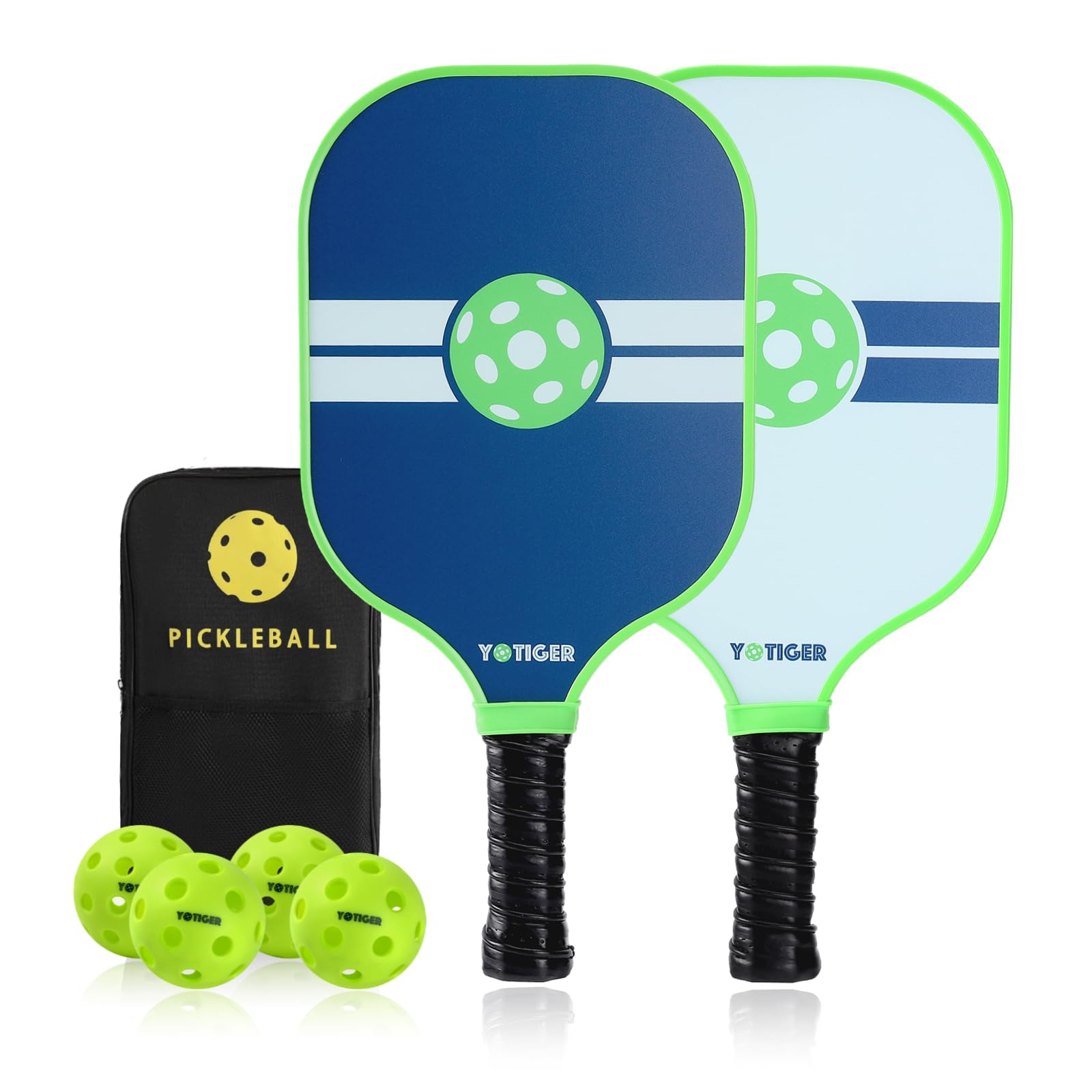 YOTIGER Pickleball Paddle Set of 2, Fiberglass Pickleball Paddles Set, Lightweight Pickleball Paddles with 2 Outdoor and 2 Indoor Pickleballs & Carrying Bag, Pickle-Ball Rackets for Beginners & Pros