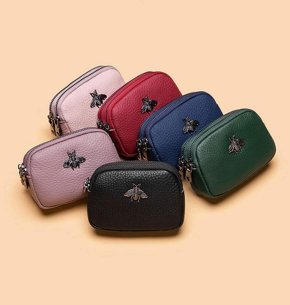 Porte-Monnaie en Cuir véritable pour Femme - Double Zipper Bee Change Pouch Wallet Card Holder Porte-Monnaie Mini Simple Cute Coin Pocket utile pour Les Femmes (Bleu)