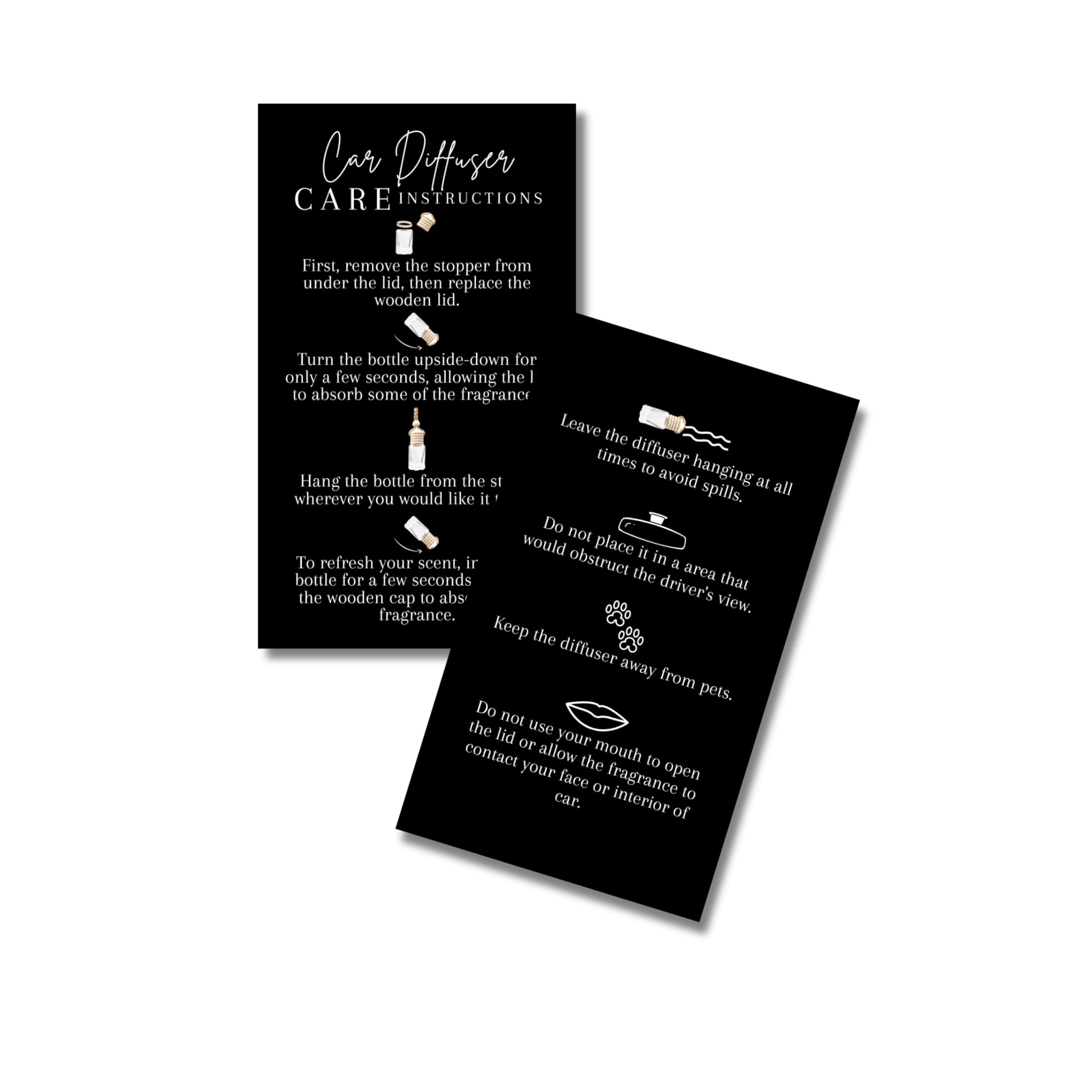 Grehge Car Hanging Diffuser Care Card | 50 Pack | Business Card Size 2x3.5" inches | Hanging Reed Oil Diffuser Bottles for Car | Black with White Design