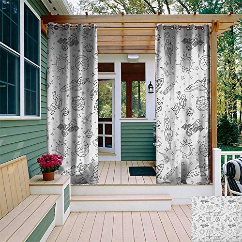 leinuoyi Boys, Outdoor Curtain Wall, Doodle Solar System Astronauts Space Crafts and Shooting Stars Science Fiction Theme, for Patio W84 x L96 Inch Black White