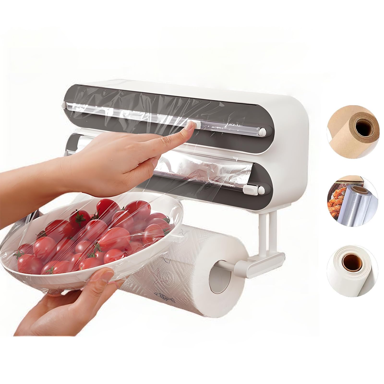 Derouleur Film Alimentaire Magnétique avec Port Essuie Tout - Support Sopalin Mural pour 3 Rouleaux - Coupeur pour Cuisine, Distributeur Papier Aluminium et Film avec Porte Sopalin, Noir