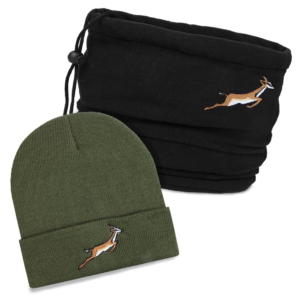 Teddyt's Men's Khaki Green Springbok Embroidered Luxury Soft Rib Khaki Beanie Hat And Black Snood Scarf