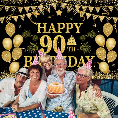 Image of 90th Birthday Decorations for Women Men - Happy 90th Birthday Banner Decorations Black Gold Welcome Background Sign for Cheers 90 Years Birthday Party Supplies Decor Indoor Outdoor (71 x 45 inch)