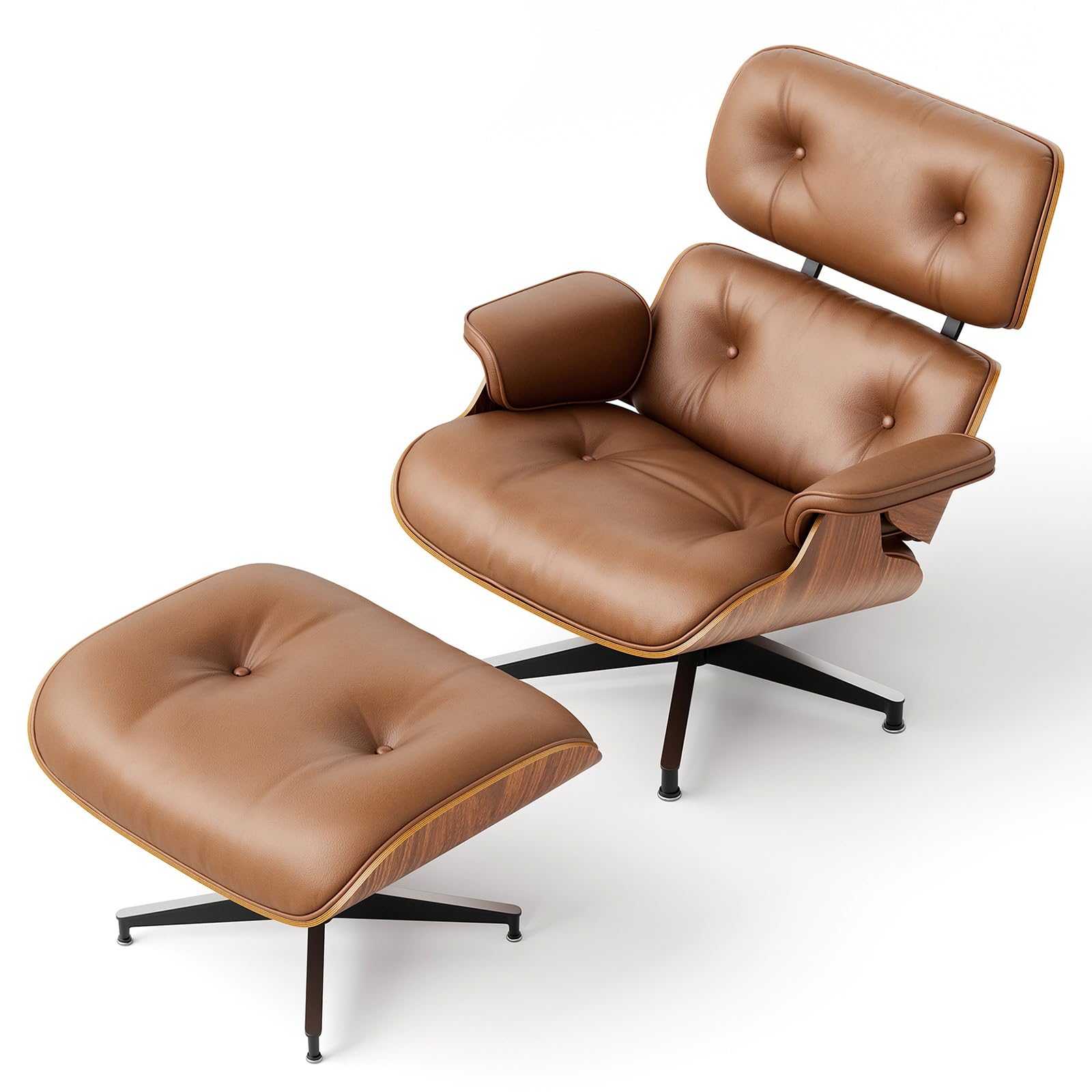 Mid Century Modern Top Grain Leather Chaise Lounge Chair &amp; Ottoman