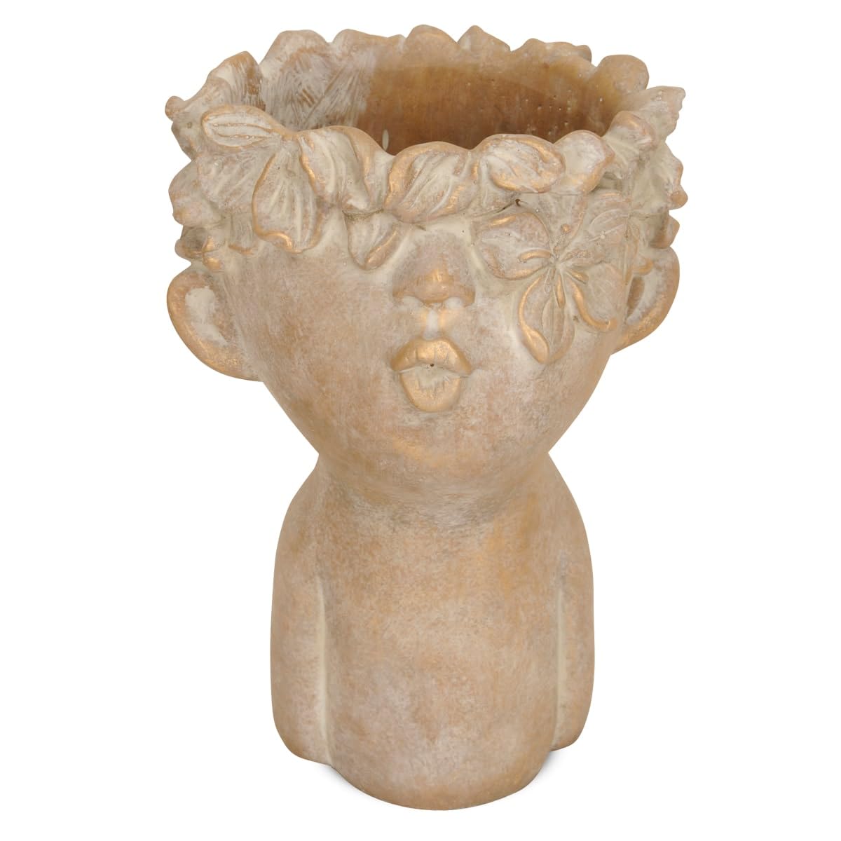 Joli Pot De Fleurs Avec Visage Et Couronne De Fleurs Marron Doré – 17,5 X 25