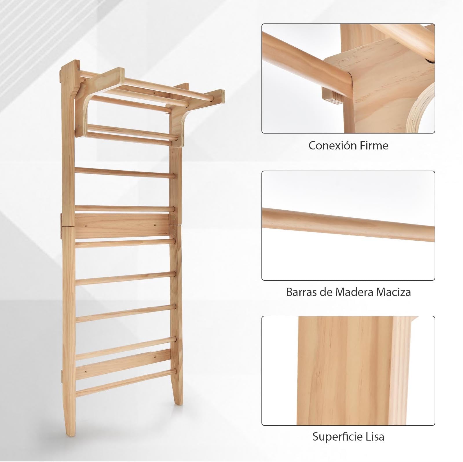 GYMAX Espaldera de Madera con Barra de Dominadas de Altura Ajustable, Estructura de Escalada de 195 x 80 cm para Adultos y Niños, para Fisioterapia, Gimnasia, Fitness, Soporta hasta 100 kg