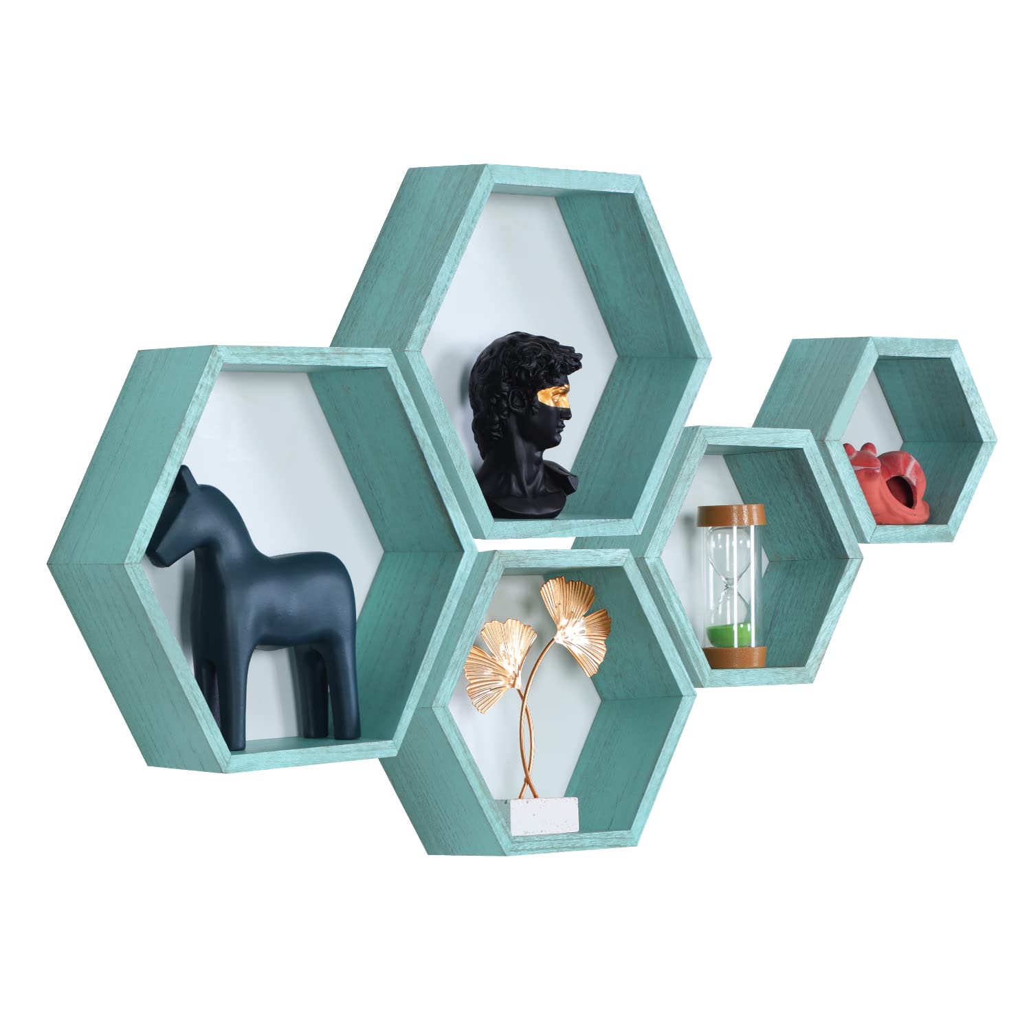 PHOENANCEE Hexagon Floating Shelves,Wall Mounted Wood Farmhouse Storage Honeycomb Wall Shelf Set of 5,for Bathroom, Kitchen, Bedroom, Living Room,Office,Driftwood Finish (Ocean Blue)