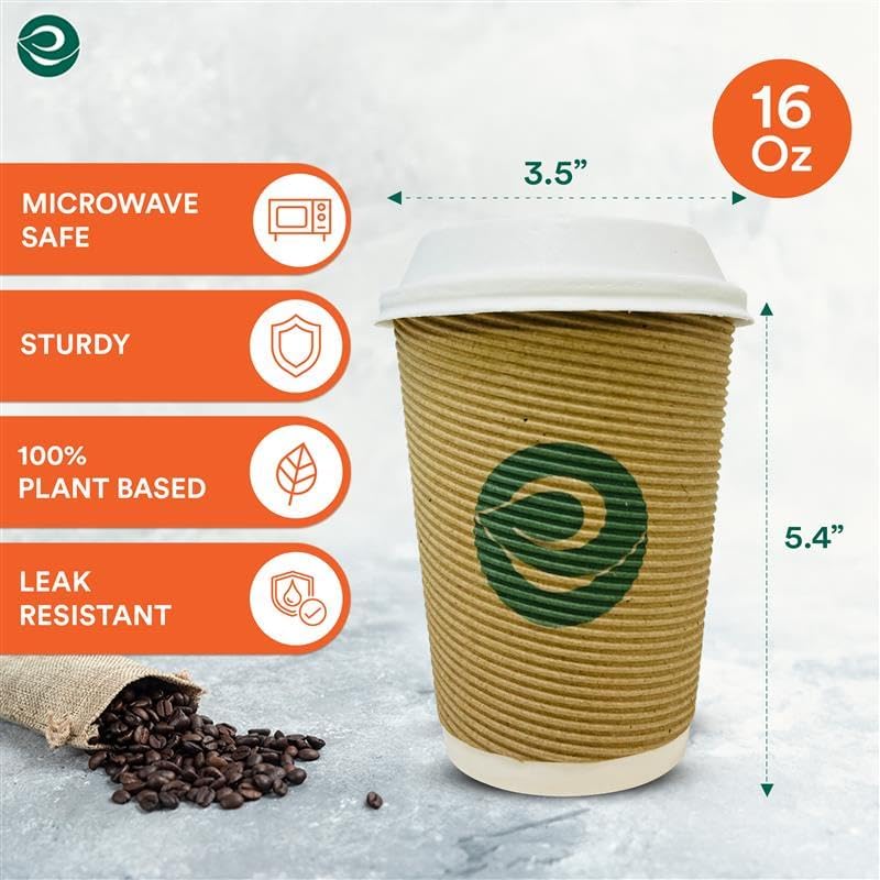 ECO SOUL 16oz Compostable Ripple Cups with Lids (25 Pack) Biodegradable Disposable Paper Cups Non-Toxic for Hot Drinks, To-Go Coffee Cups, Eco-Friendly & Ripple Cups - Image 3