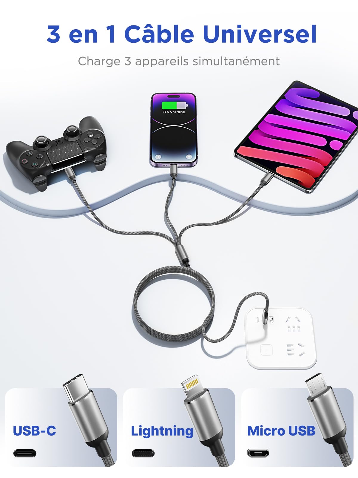 Câble Multi USB 3 en 1 Universel Rapide 1.2M Nylon Tressé Micro USB Type C Lightning pour iPhone Samsung Huawei