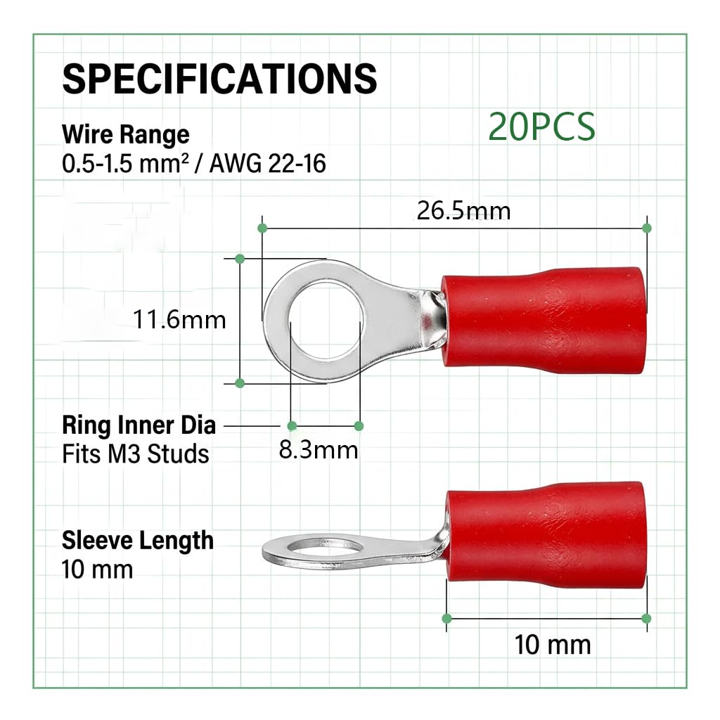 Końcówki kablowe M8, czerwone, 20 sztuk, złączki zaciskowe, 0,5-1,5 mm², końcówki kablowe, okrągłe, izolowane, oczka, M8, dla bezpiecznych połączeń elektrycznych, zestaw końcówek kablowych miedzianych