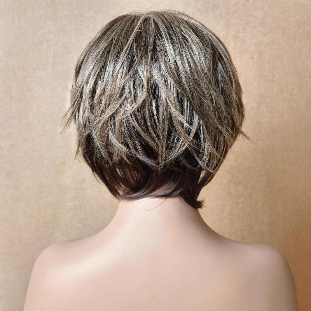 Pelucas sintéticas cortas y rizadas de corte pixie con gorro de peluca para mujer (Castaño Rubio Mixto)