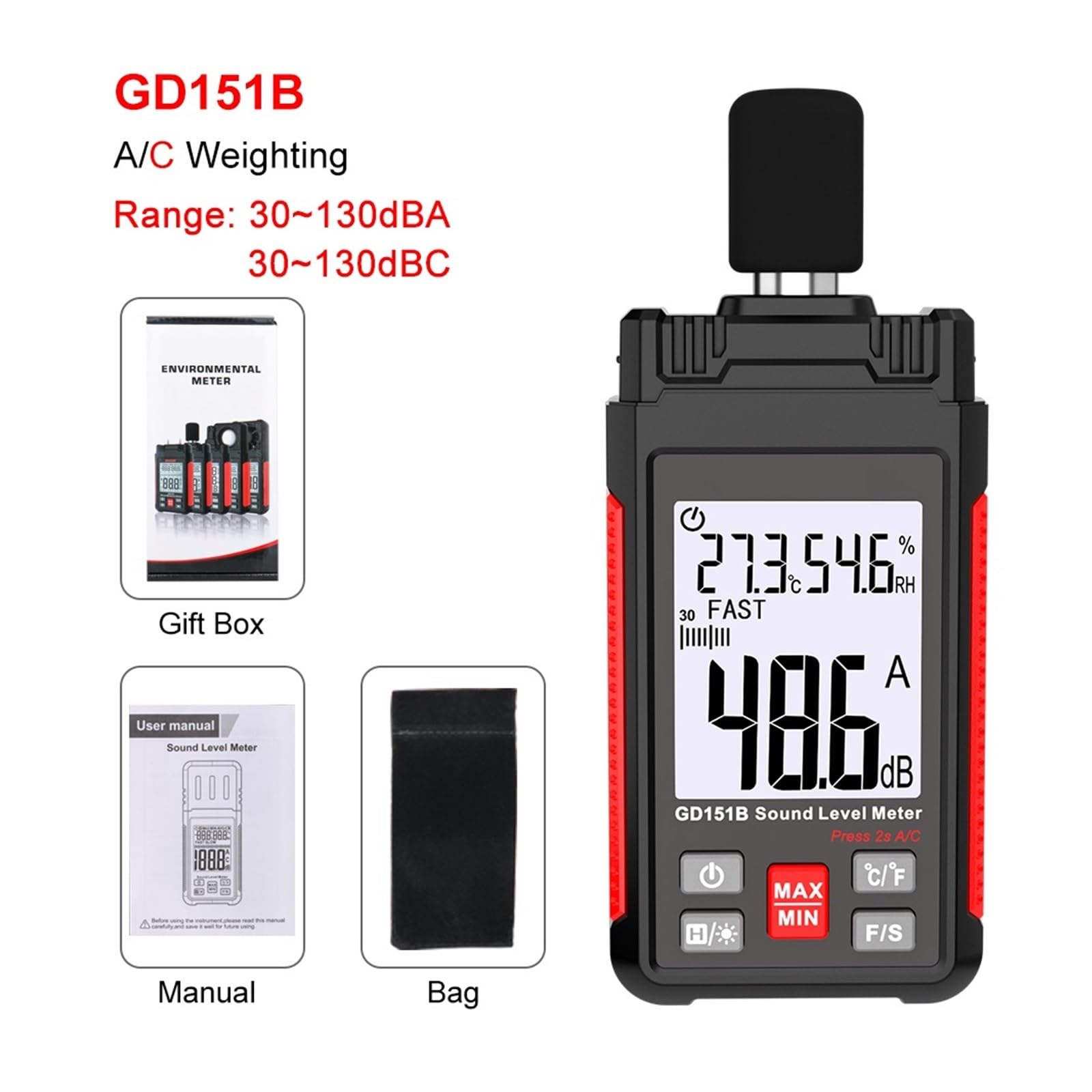 Misuratore di decibel, Misuratore di livello sonoro digitale Fonometro decibel 30-130 dB rumore portatile | GD151B