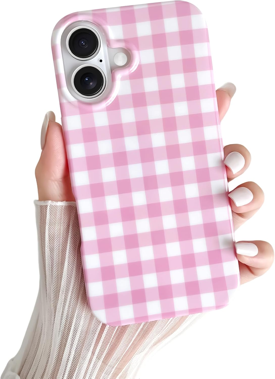 Skyseaco Pink Gingham Phone Case for iPhone 16, Shockproof TPU Cover