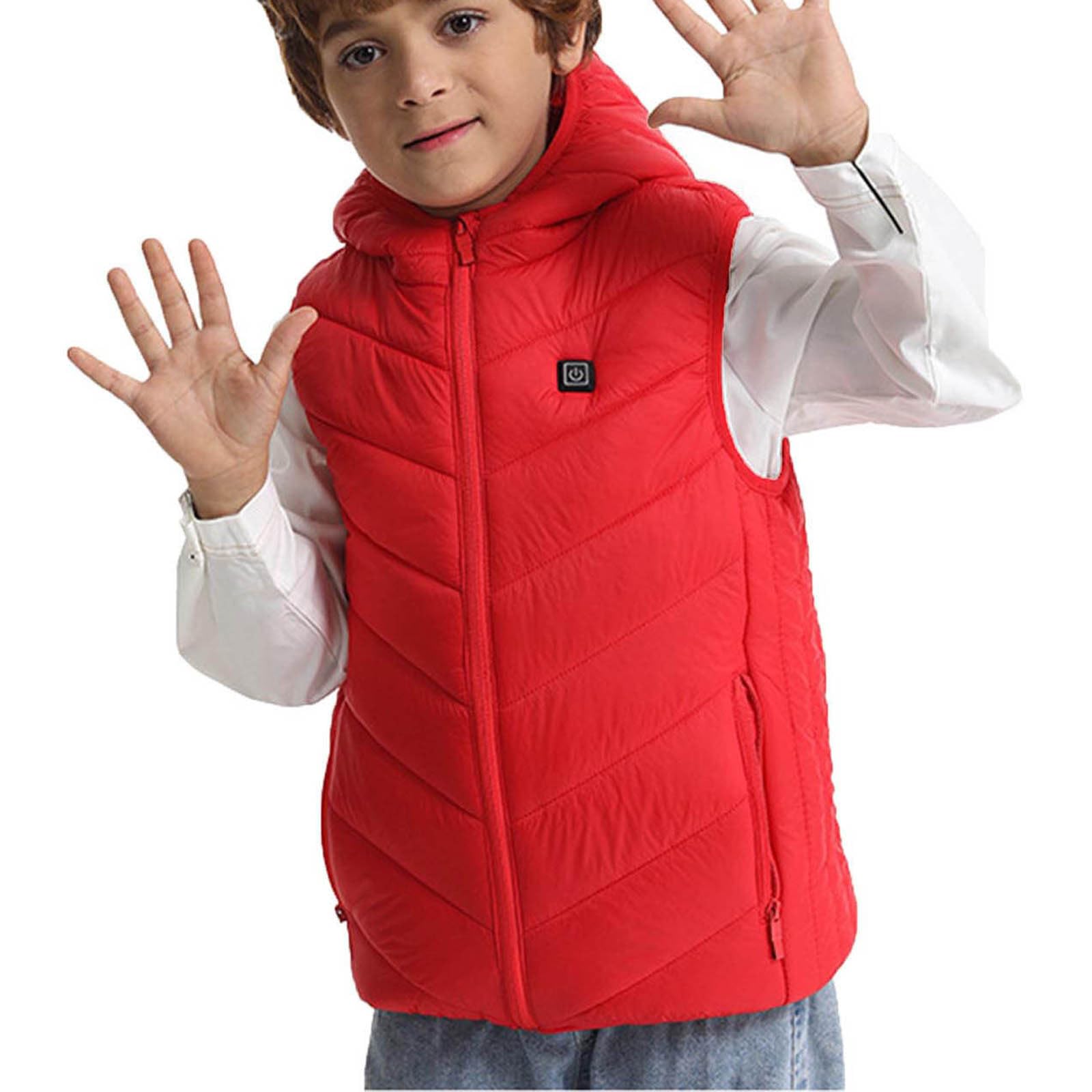 Gilet Chauffante Enfants Veste à Capuche Sans Manche Doudoune Chauffant USB avec 10 Zones de Chauffage Blouson Décontractée Confortable Vêtements Coupe-Vent Imperméable d'extérieurer