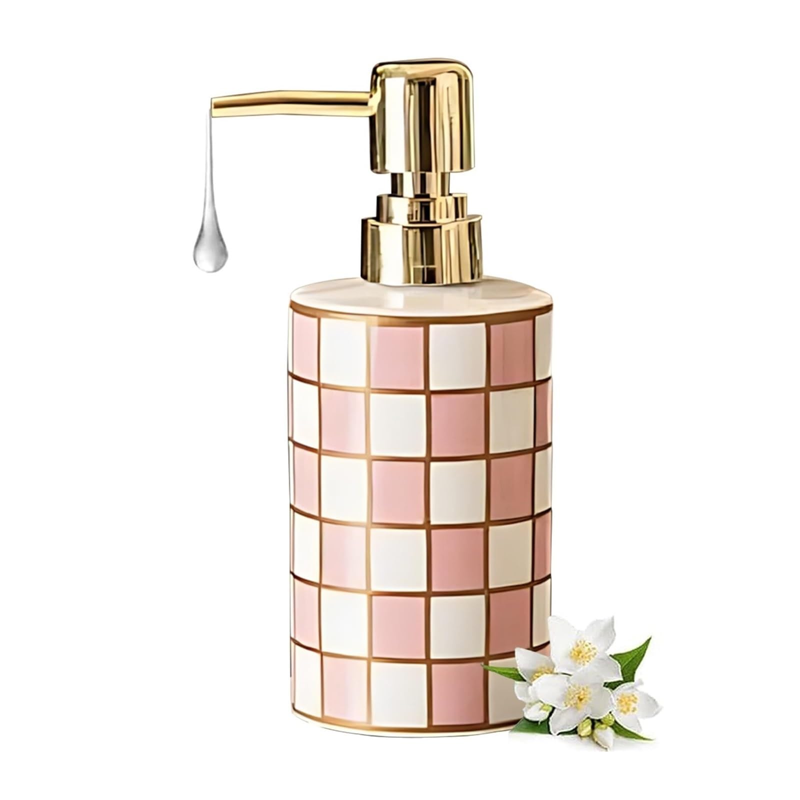 Yuue Pink Empty Barthroom And Dish Ceramic Hand Soap Dispenser Retro Checkerboard Dish Decor For Counter(Pink)