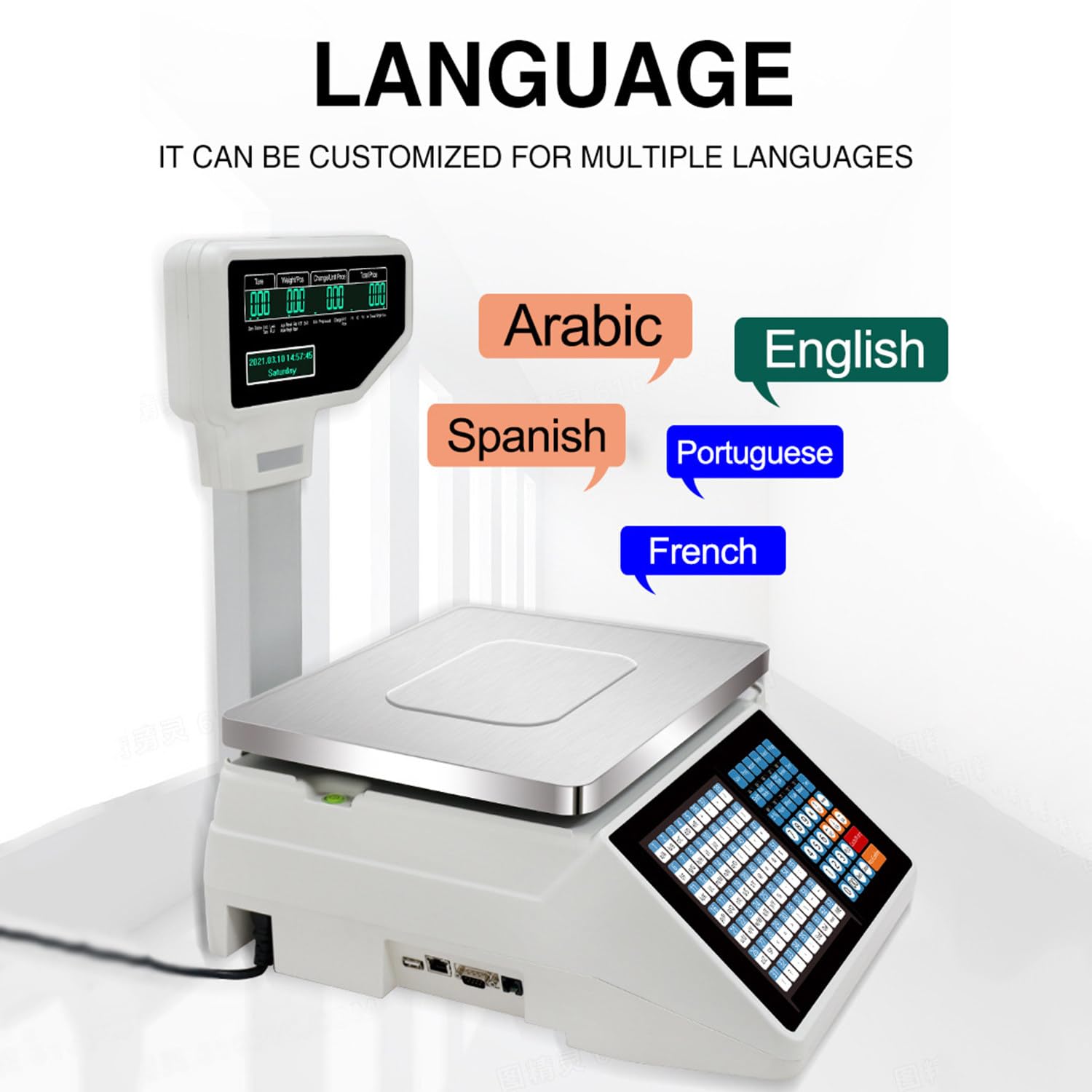 Bilancia elettronica di calcolo dei prezzi con stampante termica per etichette e display a palo per negozi di alimenti e carne al dettaglio, include macchina e scanner
