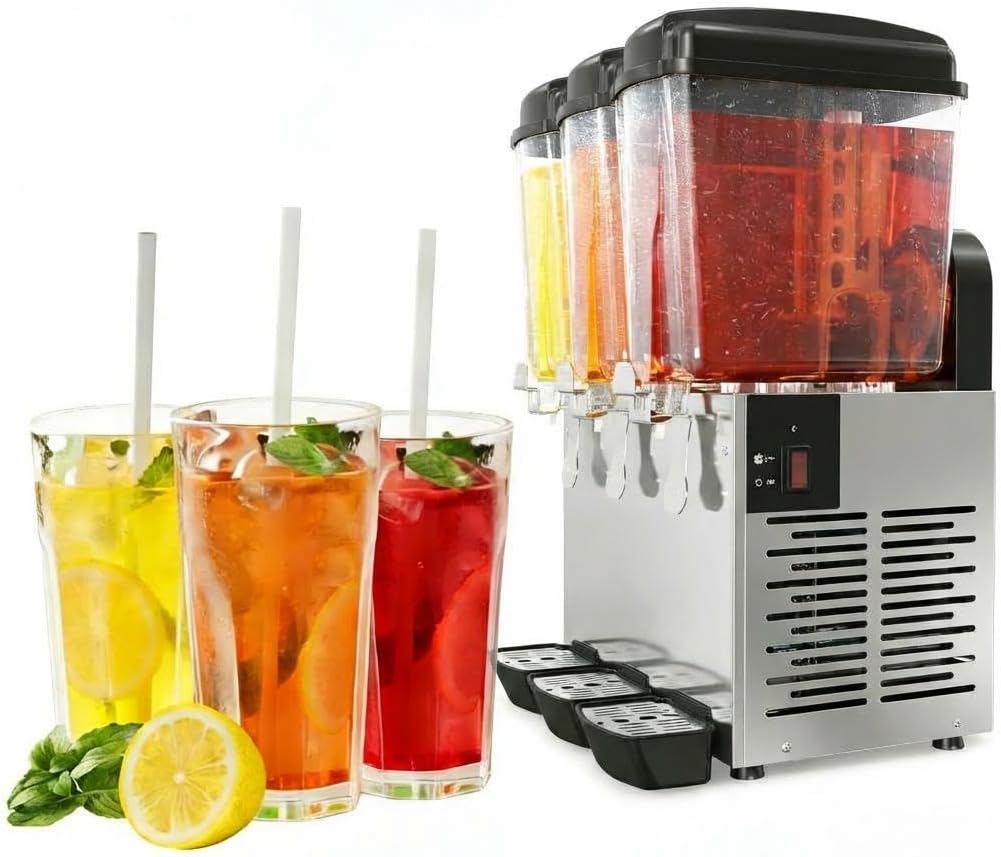 Commercial Beverage Dispenser, 14.28 Gal (54L) 3-Tank Juice/Iced Tea Machine with Thermostat Control & Stirring, 350W Stainless Steel, for Cafe, Restaurant, Bar, Party