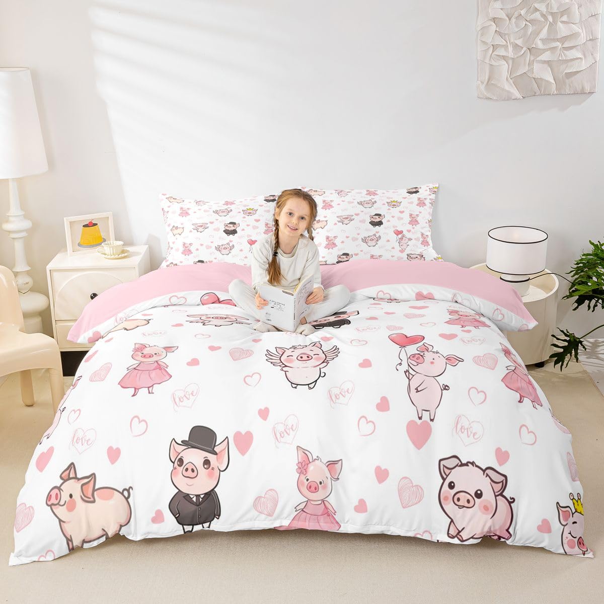 Homewish Kreskówka świnka król pościel miłość serce poszewka na kołdrę zestaw korona kawaii różowa świnka ręcznie rysowana poszewka na kołdrę skrzydła garnitur spódnica balon pościel zestawy łóżek