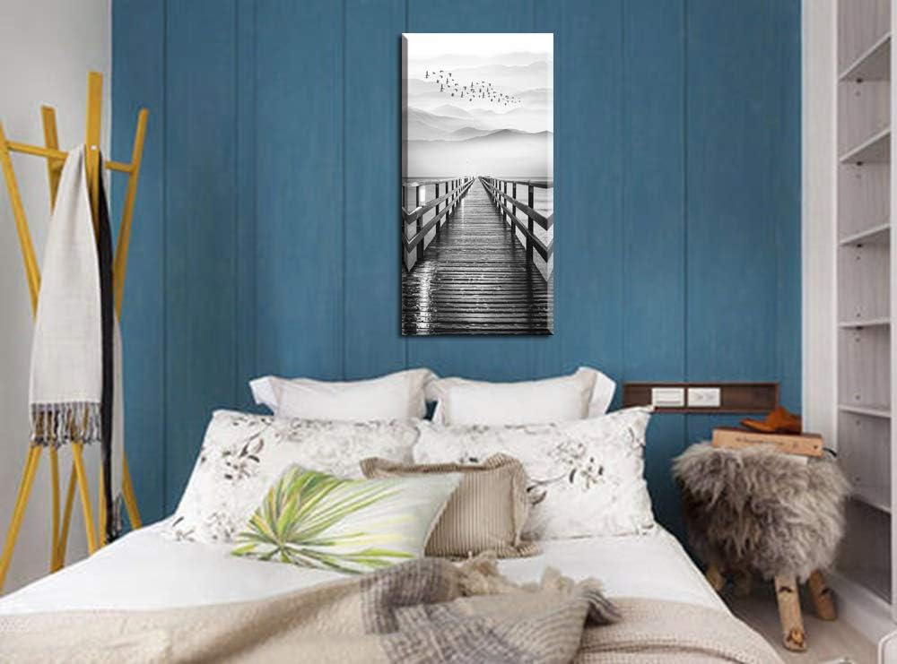 Lake Wall Art for Aisle Corridor, PIY Black and White Pier with Birds Flying Canvas Prints Decor, Vertical Calm Wharf Mountain Landscape (Waterproof, Bracket Mounted Ready to Hang, 24x48 Large)