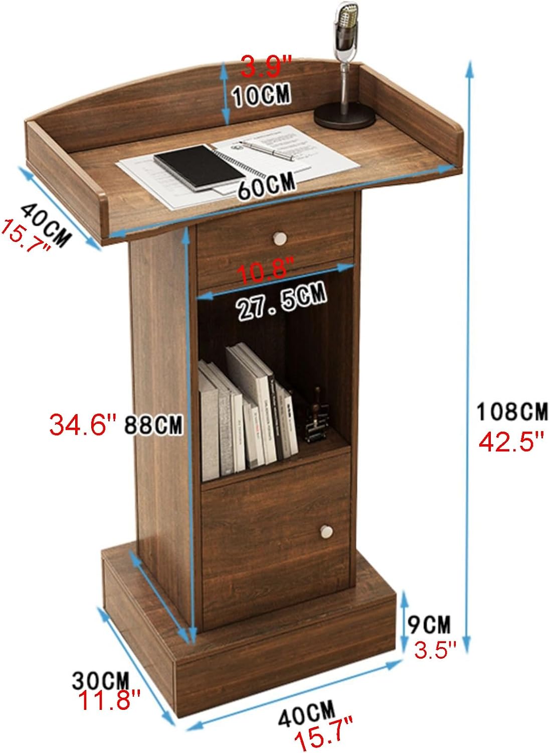 Multifunctional Reception Desk Classroom Lectern Consultation Counter Features an Extended Countertop with Curved Splash Guard Sealed Drawers and Elevated Base