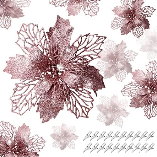 Yueshop 10Pcs Christmas Glitter Poinsettia Large Flowers 16CM Christmas Flowers Decor Ornament Artificial Glitter Poinsettia Christmas Tree Ornaments Decorative Flowers(Champagne)
