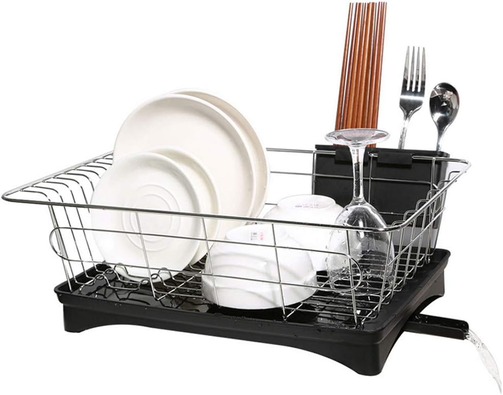 FMLY 16.7 * 11.2 * 5.9 Inch Dish Rack with Tray - Swivel Spout Dish Drainer Drying Rack (Black)