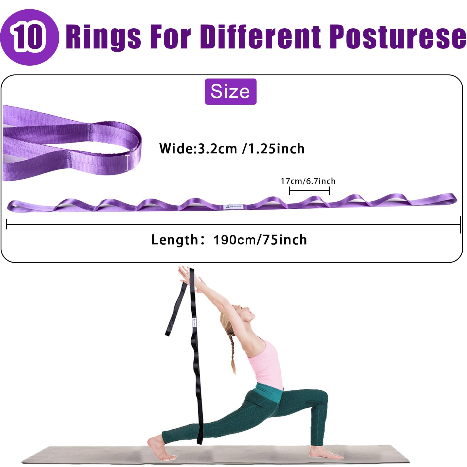Oak-Sports Correa elástica de yoga para terapia física con 10 bucles, correas de yoga para estiramiento, banda elástica no elástica mejorada para pilates, danza y gimnasia con guía de entrenamiento