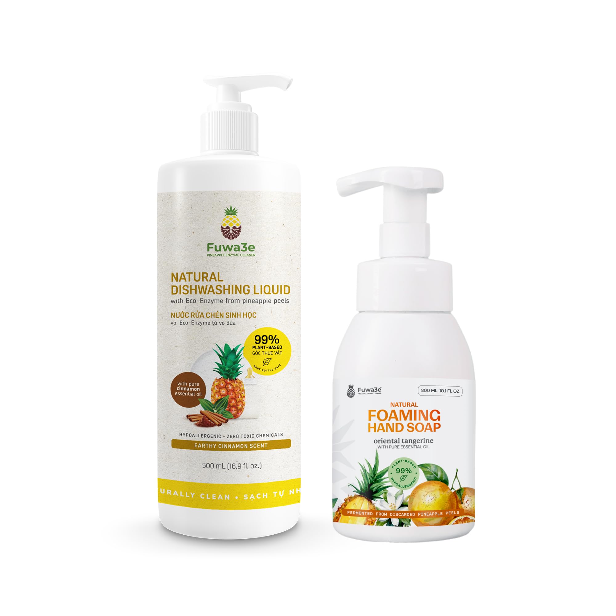 Fuwa3e Natural Dish Soap Cinnamon (1 Pack) & Foaming Hand Soap Tangerine (1 Pack)