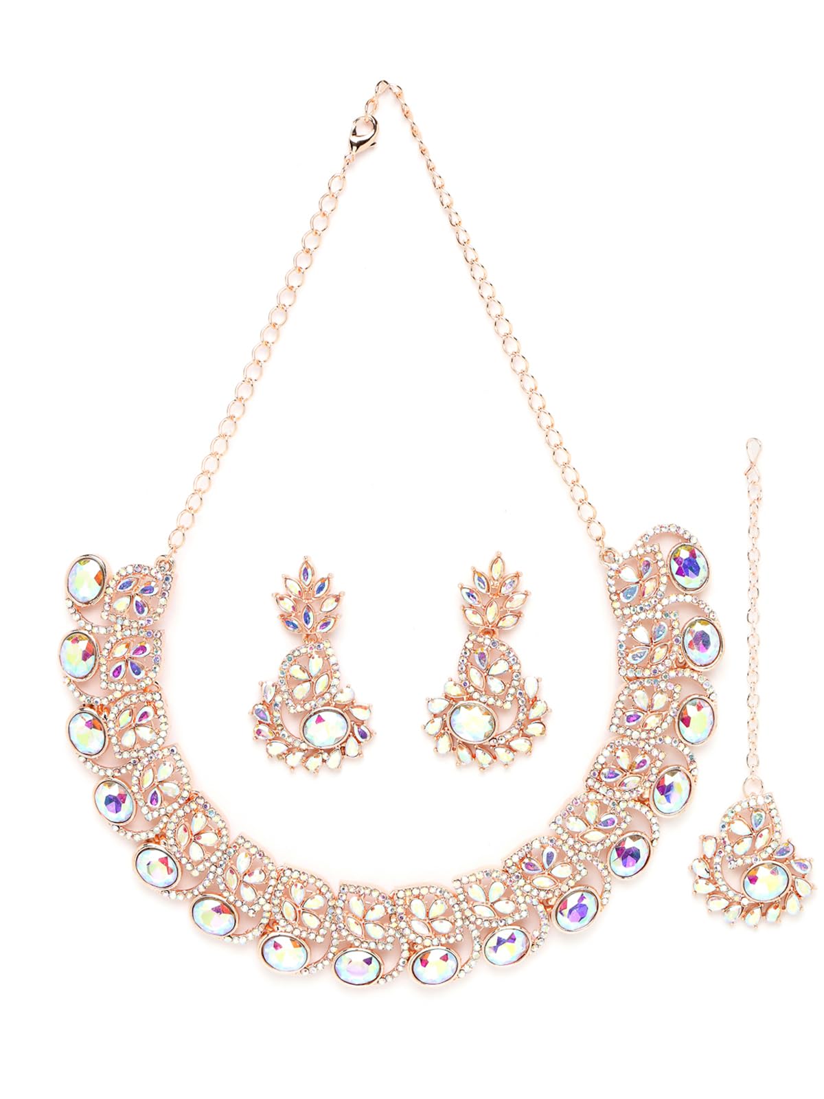 Sukkhi Flashy Rose Gold Plated Rainbow Stones Collar Bone Necklace Set With Earring And Maangtika | Jewellery Set For Women (NS104988) (B0CBB8F7MS) Amazon Price History, Amazon Price Tracker