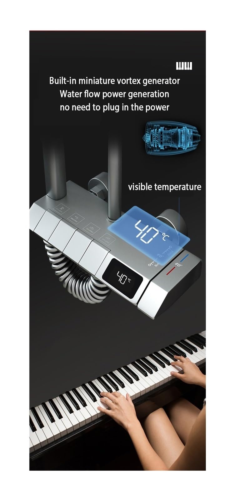 Set di rubinetti for Doccia da Bagno con Display Digitale, Accessori for bagni Il Flusso d'Acqua Produce elettricità, Set di sistemi Doccia for Pianoforte Nero(GunGrey Square)