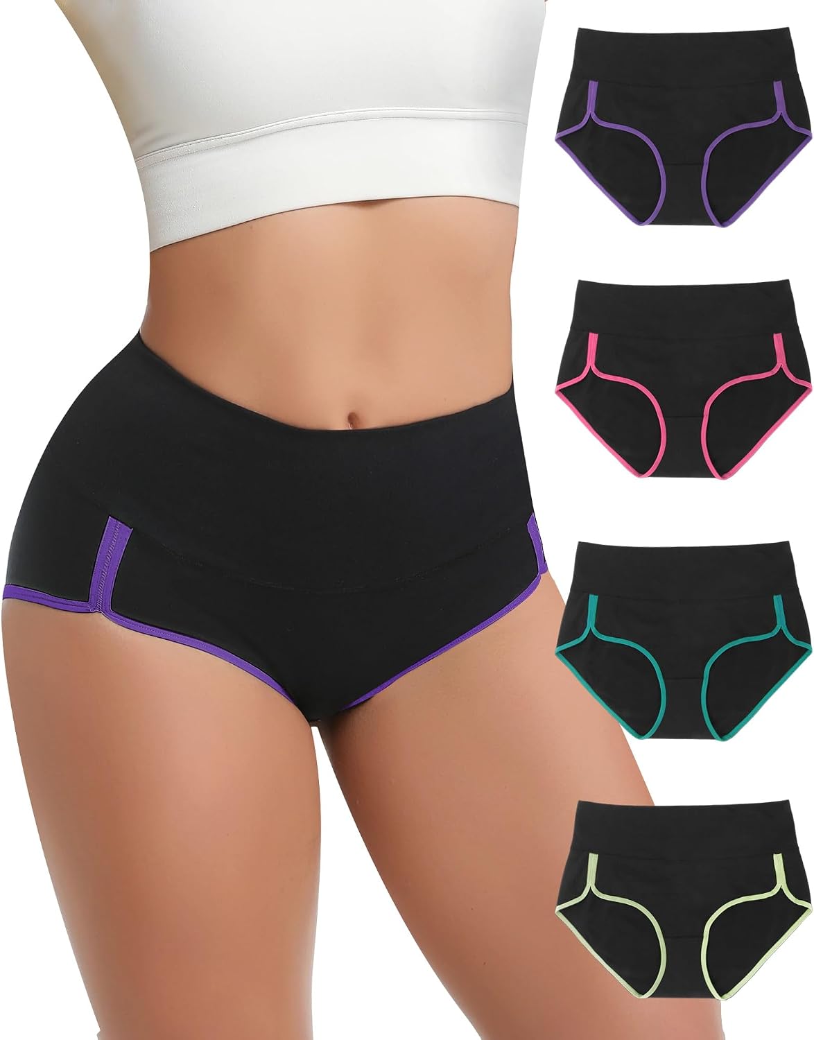 Women's Cotton Underwear High Waisted Tummy Control Ladies Panties Soft Stretch Full Coverage Briefs 4 Pack