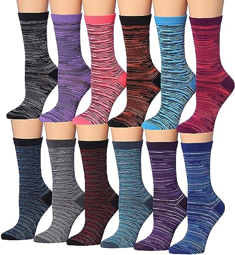Tipi Toe Women's Plus Size 12 Pairs Lightweight Colorful Stripes & Ministripes Patterned Crew Socks, PWC84-T1