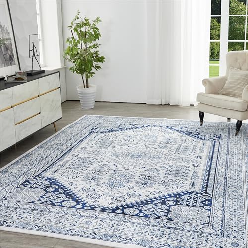 Syalife Washable Rugs, 3'x 5' Distressed Indoor Non-Shedding Low Pile Carpet with Non Slip Backing, Vintage Area Rugs for Living Room, Bedroom, Dining Room, Office (Navy Blue, 3'x 5')
