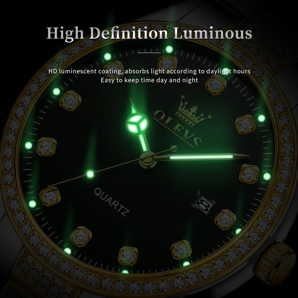 OLEVS Luxury CZ Rhinestone Watches for Men Waterproof Mens Fine Business Casual Watch Calendar Week Analog Quartz Watch