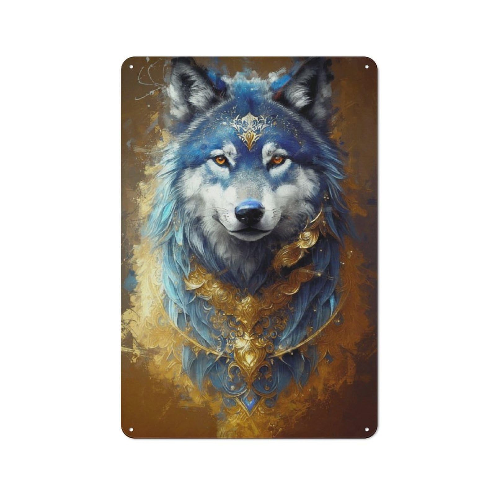 Junmoney Blue Wolf Gold Necklace 30X20cm Rustic Metal Sign With For Guest Room Or Hallway, For Vintage Wall Decor Fans, For Metal Sign Collectors