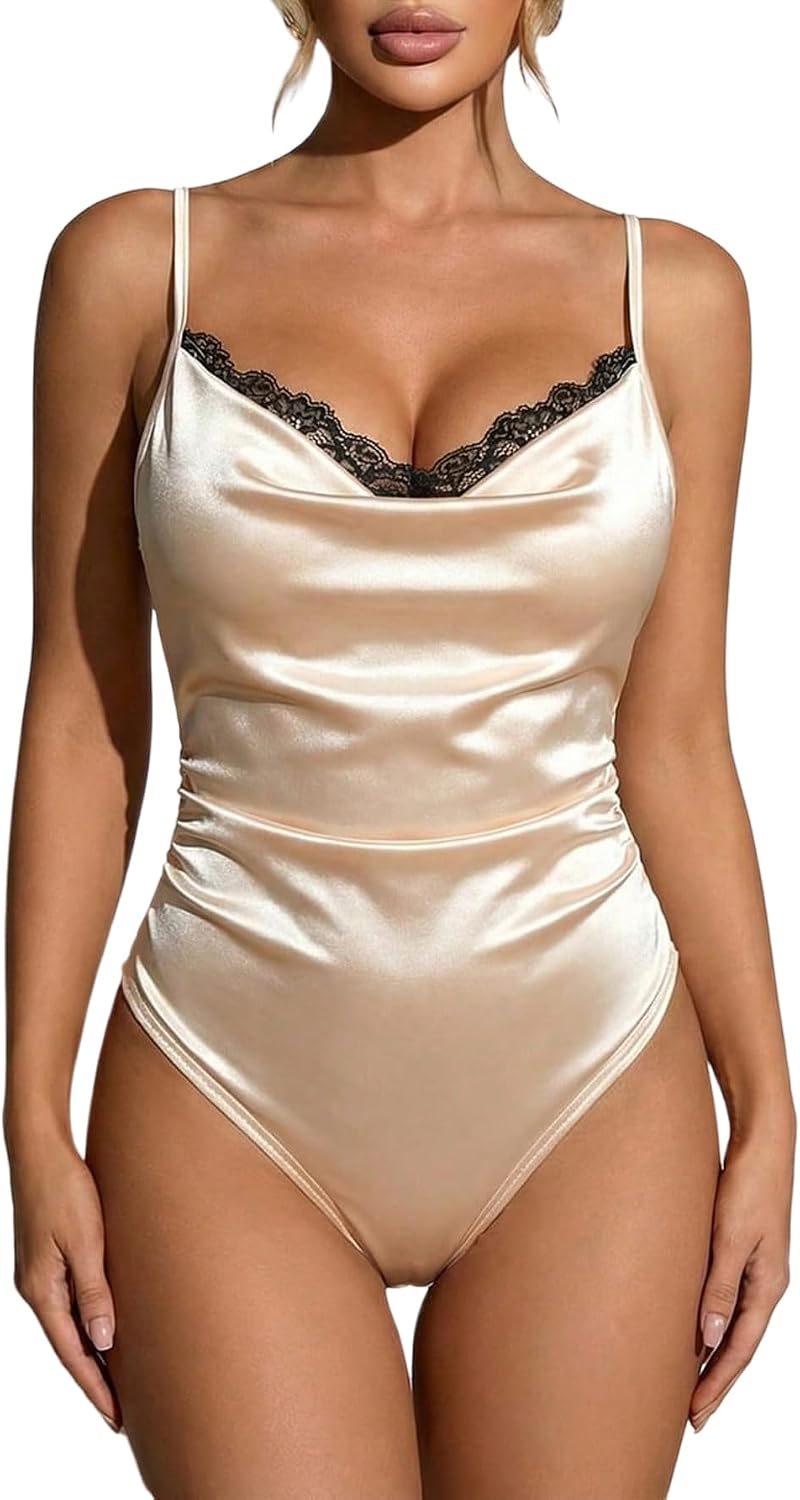 Milumia Women's Satin Lace Cowl Neck Bodysuit Ruched Spaghetti Strap Dressy Casual Shirt Tops