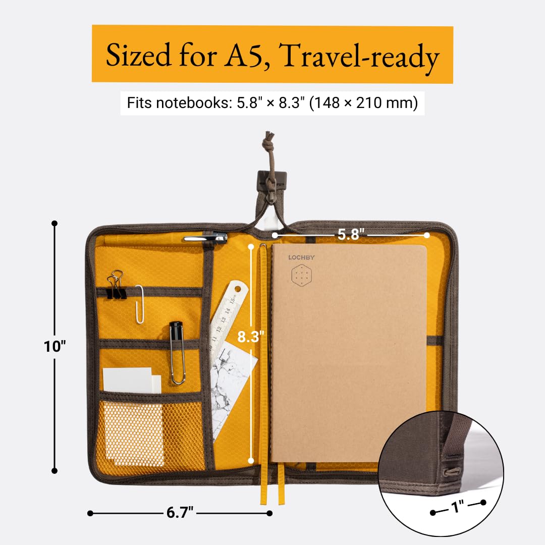 LOCHBY® Field Folio A5 | Couverture de carnet de journal à fermeture éclair | Toile cirée résistante à l'eau | Carnet Tomoe River inclus | Parfait pour le voyage, l'art, le bullet journal