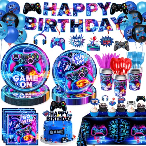 LINHAXM Video Game Birthday Decorations Includes Plates, Napkins, Cups, Cutlery, Cake & Cupcake Toppers, Banner, Hanging Swirls, Tablecloth, Balloons for Gamer Birthday Party Decorations, Serve 20