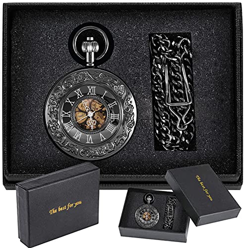 Image of Steampunk Roman Case Design Mechanical Pocket Watch with Chains & Boxs for Best Gifts(Black)