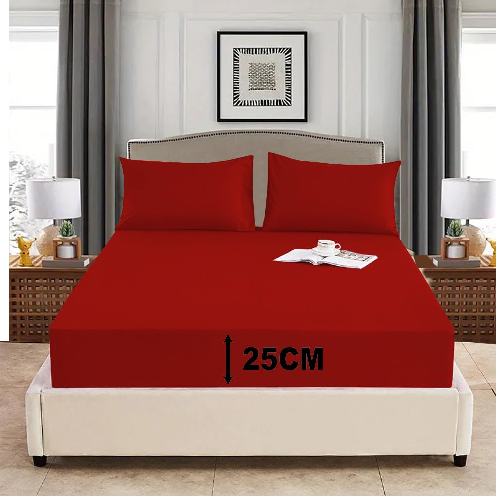 PHP Fitted Sheet Deep Pocket 25 cm (10 inch) - Easy Care Non-Iron Soft 100% Poly cotton Fabric Shrinkage and Fade Resistant Bottom Sheet (2, Red, Super King)