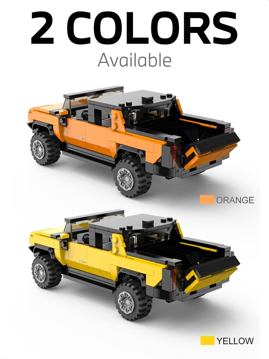 Two assembled RASTAR Hummer EV brick cars, one orange and one yellow, demonstrating the final product.