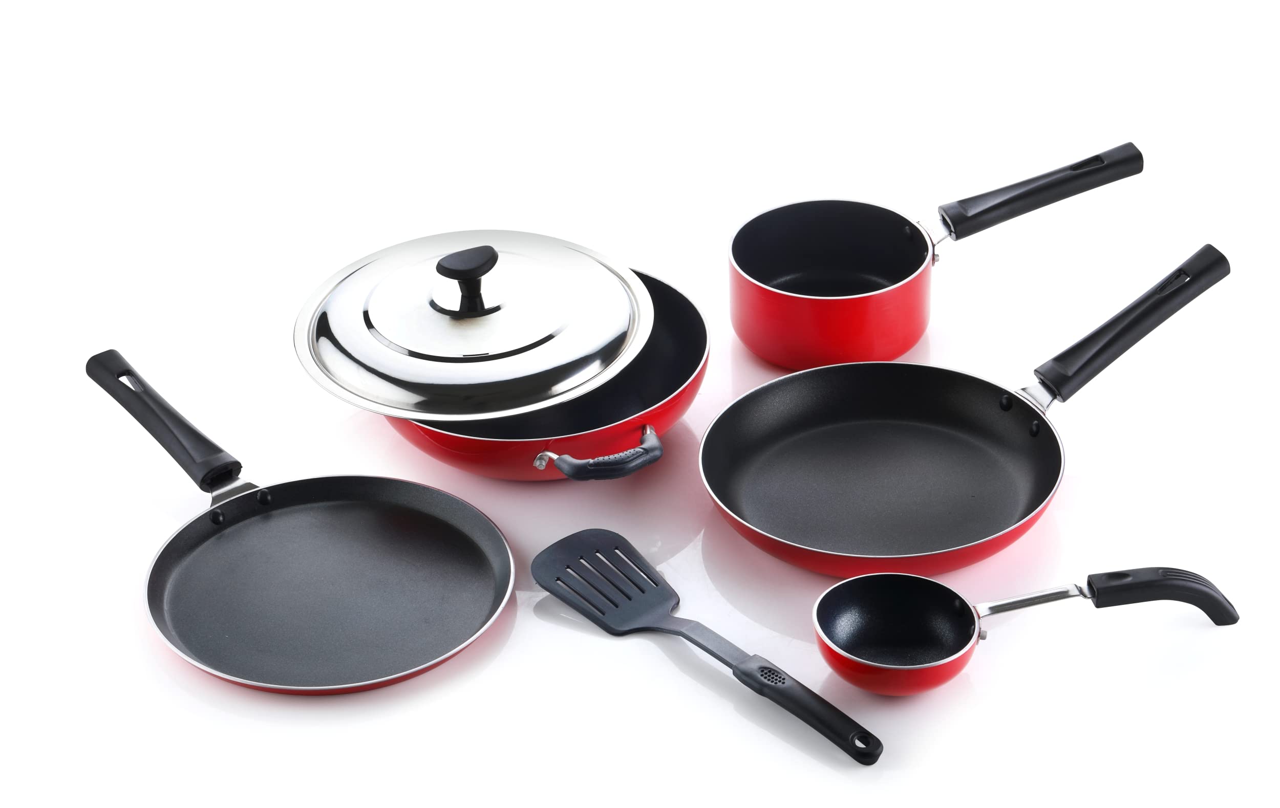 Crystal Aluminium Classic Series 7-Pc Non-Stick Cookware Set, Pfoa Free, Tawa, Vagariya, Kadhai with Ss Lid, Fry Pan, Sauce Pan, 1 Spatula, Red (B0BD1JHYS7) Amazon Price History, Amazon Price Tracker