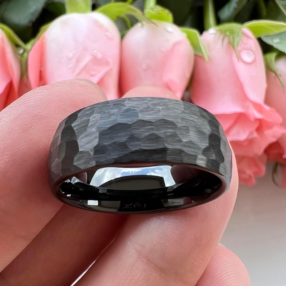 TUTISS 6mm 8mm Silver/Black/Gold/Rose Gold Hammered Tungsten Rings for Men Women Couple Fashion Jewelry Engagement Wedding Bands Domed Matte Finish Comfort Fit