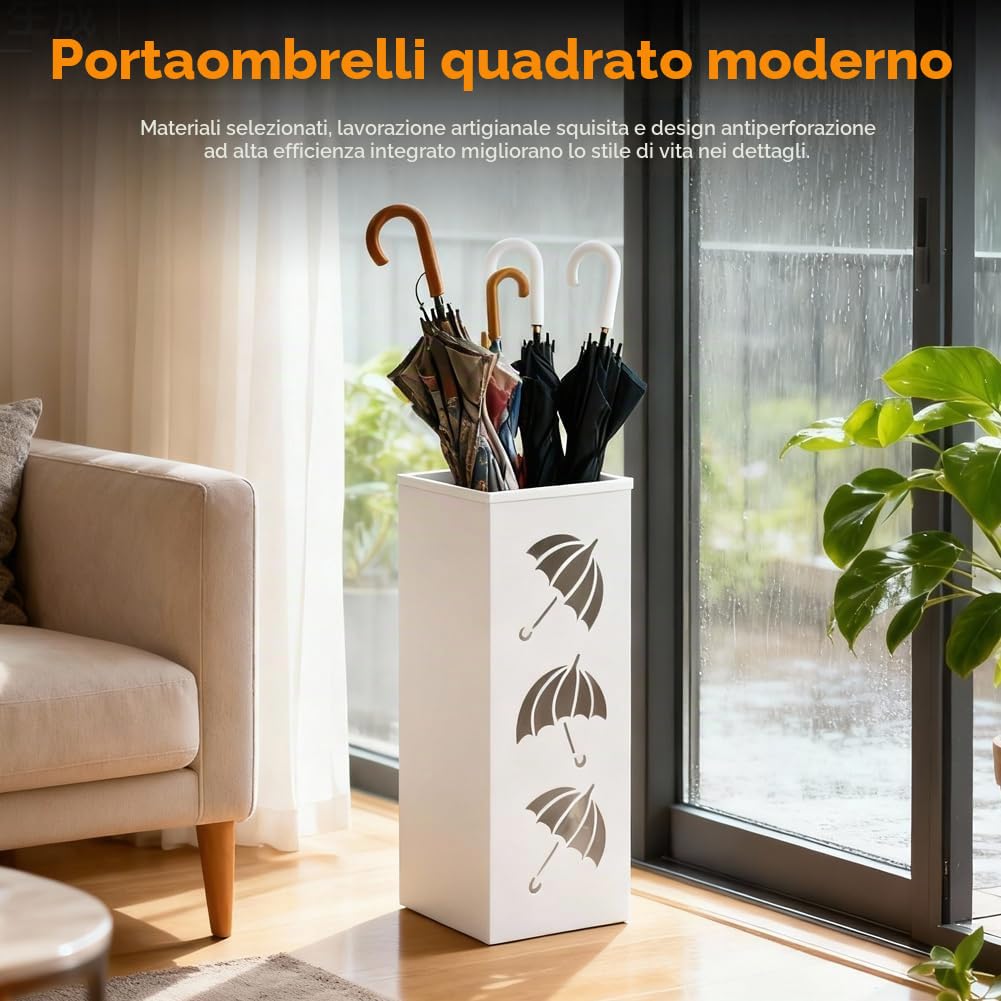 CEWROM Portaombrelli in metallo, impermeabile e antiruggine, portaombrelli quadrato autoportante, vassoio raccogligocce rimovibile per casa, ufficio, ingresso (bianco)