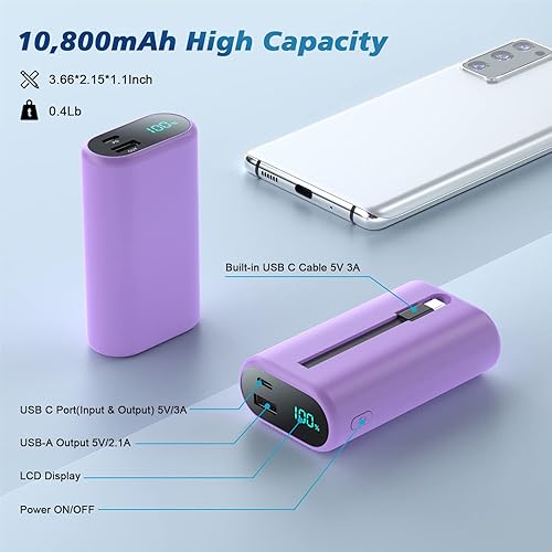 Miniatura 4 de Cargador portátil pequeño de 10800 mAh con cable USB-C integrado mini PD 3A cargador de batería de carga rápida pantalla LCD ultracompacta