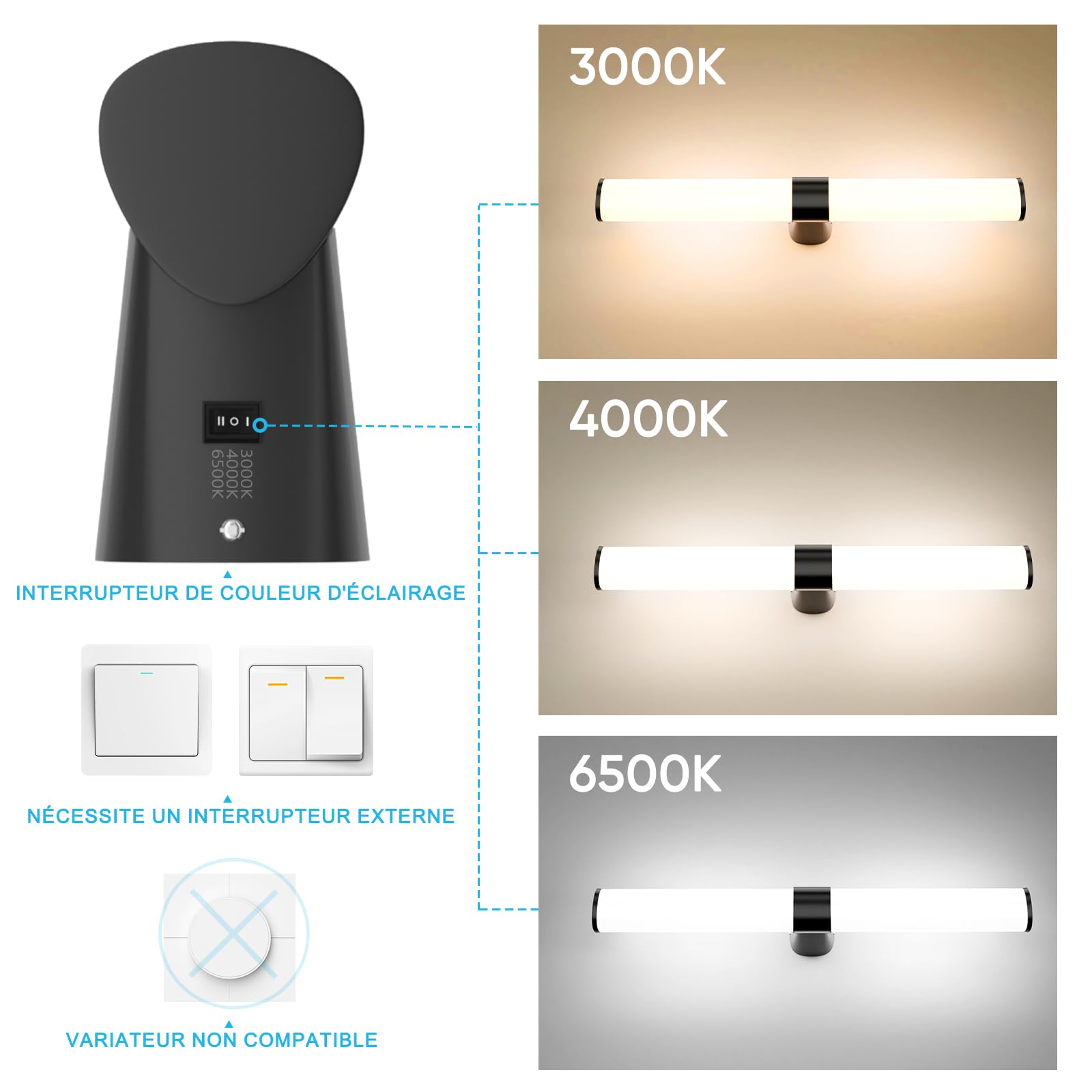15W Lampe Applique Murale LED pour au dessus Miroir de Salle de Bain, 60CM Noir Mat Lampe, 1500Lm Non Dimmable, Étanche IP44, Éclairage Blanc Chaud Neutre Froid, Sans Interrupteur