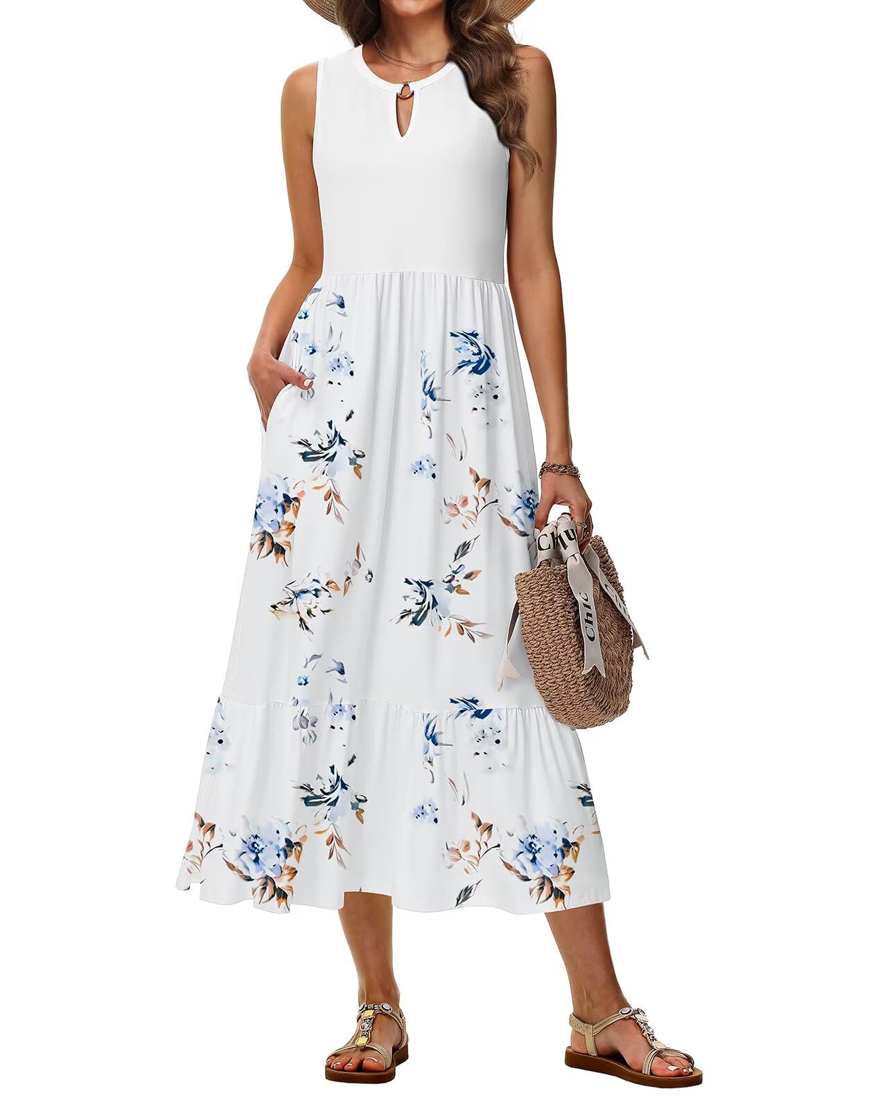 Tanmolo Damen Maxikleid Ärmellos Rundhals A-Linie mit Taschen | Lässige Eleganz für Alltag, Urlaub & besondere Momente